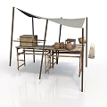 Rustic Outdoor Daily Necessities Display With Wooden Frame Canopy Tables Boxes And Baskets