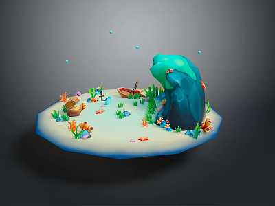 Small Colorful Fish In Underwater Scene With Blue Rocks Coral And Small Boat Bubbles 3d model
