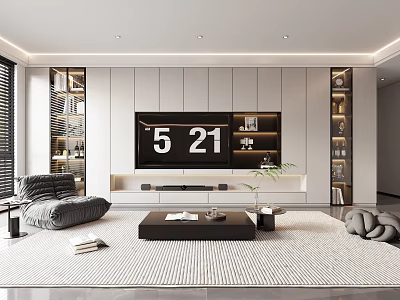 Modern Living Dining Room Interior With TV Built-in Bookshelves Gray Sofa Coffee Table And Rug 3d model