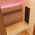 Modern Wooden Sauna Interior Design With Glass Door And Cozy Lighting Panels