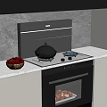 Modern Kitchen Stove Area With Gas Burners Range Hood Covered Pot And Cherries