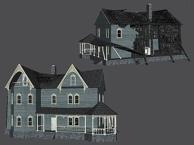 Cartoon Scenery With Blue Houses White Trim Porch Windows And Damaged Roof 3d model