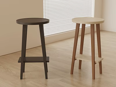Two Modern Bar Stools With Round Tops Light And Dark Wooden Legs In Room 3d model
