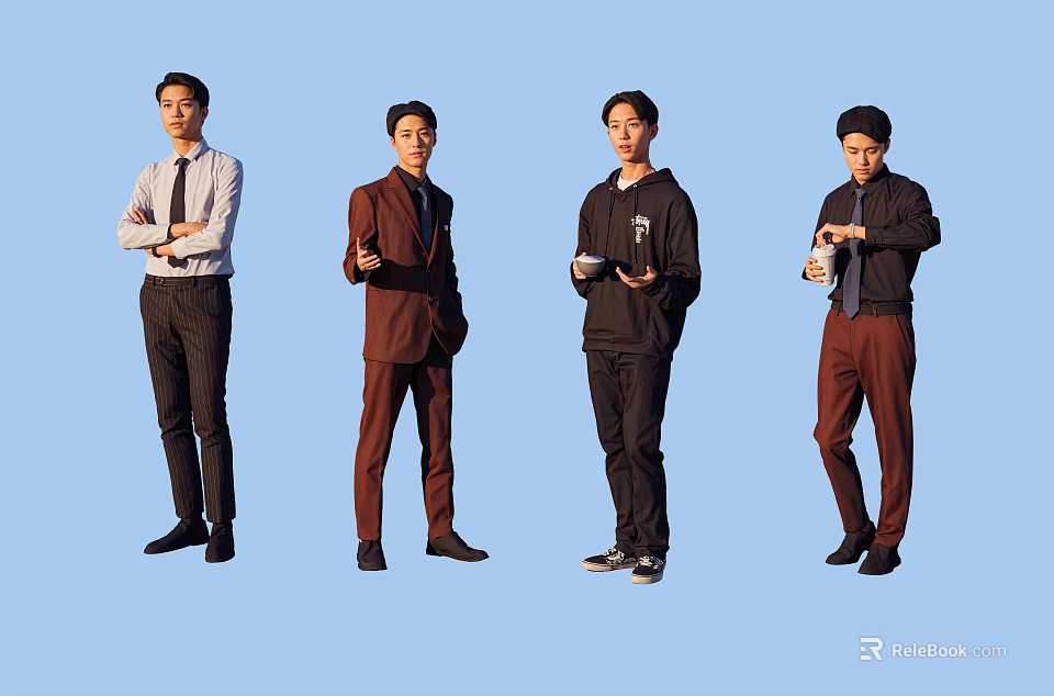 Group of Men in Different Outfits Holding Cups and Standing Together 3d model 