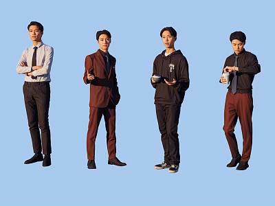 Group of Men in Different Outfits Holding Cups and Standing Together 3d model