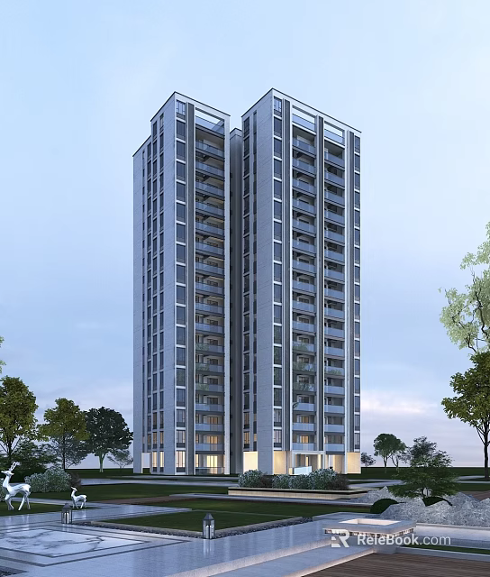 Modern High Rise Residential Building Exterior Design With Glass Facade Balconies And Green Trees 3d model 