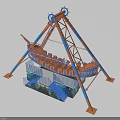 Pirate Ship Amusement Ride With Orange Blue Frames Brown Ship And Blue Railings