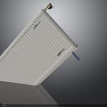 White Vertical Striped Radiator With Blue Support Legs Modern Sleek Design For Home Heating