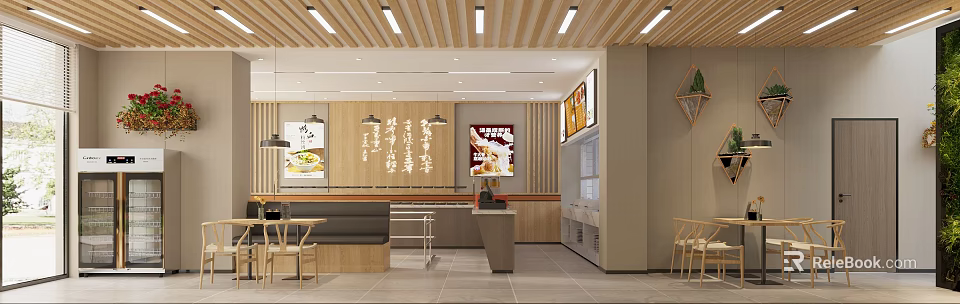 Modern Restaurant Interior Design With Wooden Ceiling Hanging Lights Menu Posters And Dining Tables 3d model 