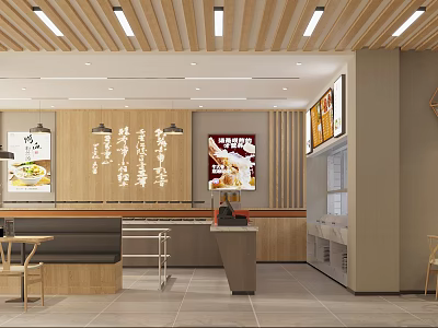 Modern Restaurant Interior Design With Wooden Ceiling Hanging Lights Menu Posters And Dining Tables 3d model