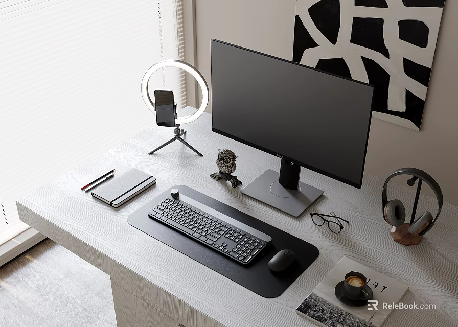 Modern Office Desk Interior With Monitor Keyboard Mouse Headphones Ring Light Coffee And Natural Light 3d model 