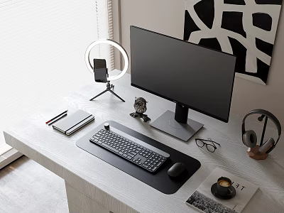 Modern Office Desk Interior With Monitor Keyboard Mouse Headphones Ring Light Coffee And Natural Light 3d model