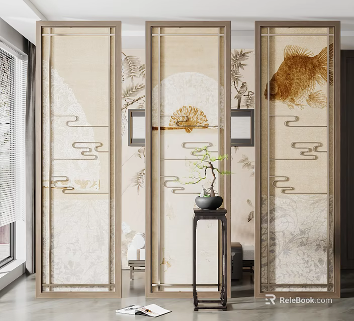 Chinese Style Screen Partition With Gold Fish Cloud Bamboo Patterns And Elegant Interior Decor 3d model
