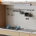 Modern Kitchen Appliances With Gas Stove Wall Mounted Rack And Hanging Utensils Plates