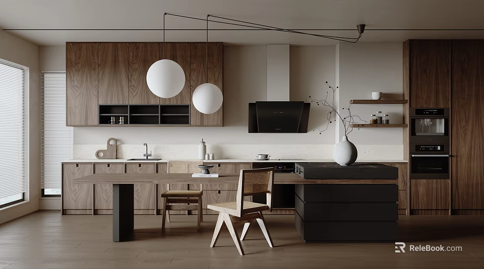 Modern Kitchen Interior Design With Wooden Cabinets White Pendant Lights Range Hood And Island Counter 3d model 