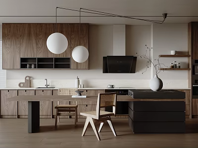 Modern Kitchen Interior Design With Wooden Cabinets White Pendant Lights Range Hood And Island Counter 3d model