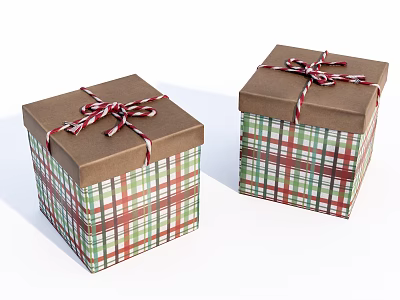 Two Decorative Gift Boxes With Red Green White Plaid Pattern And Ribbon Bow 3d model