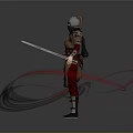 Man in Armor Standing and Holding a Sword with Red Flowing Ribbons