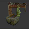 Ancient Wooden Structure On Moss Covered Stone Platform Natural Landscape View