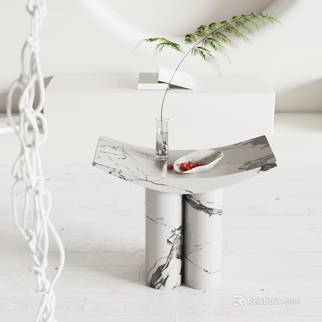 Modern Marble Side Table With Curved Top And Decorative Vase 3d model 