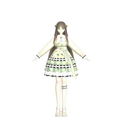 Woman In Green And White Striped Lolita Dress With Long Hair And Floral Hair Accessories 3d model