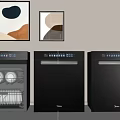 Modern Black Kitchen Dishwashers With Open Door Showing Dishes And Abstract Wall Art