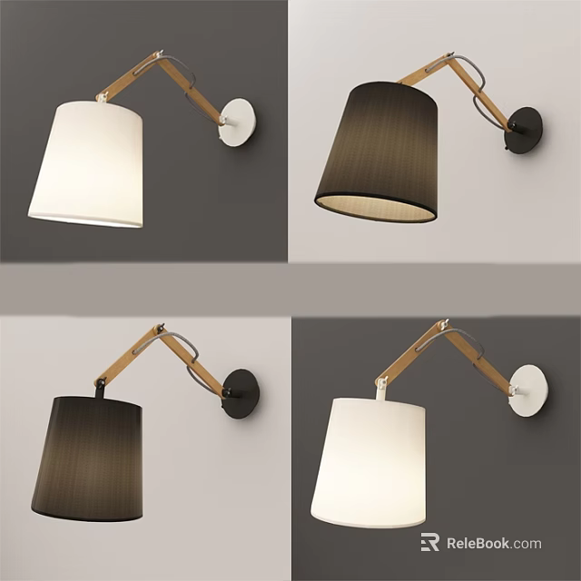 Modern Wall Lamps With Wooden Arms And White Dark Brown Shades Mounted On Grey Walls 3d model 