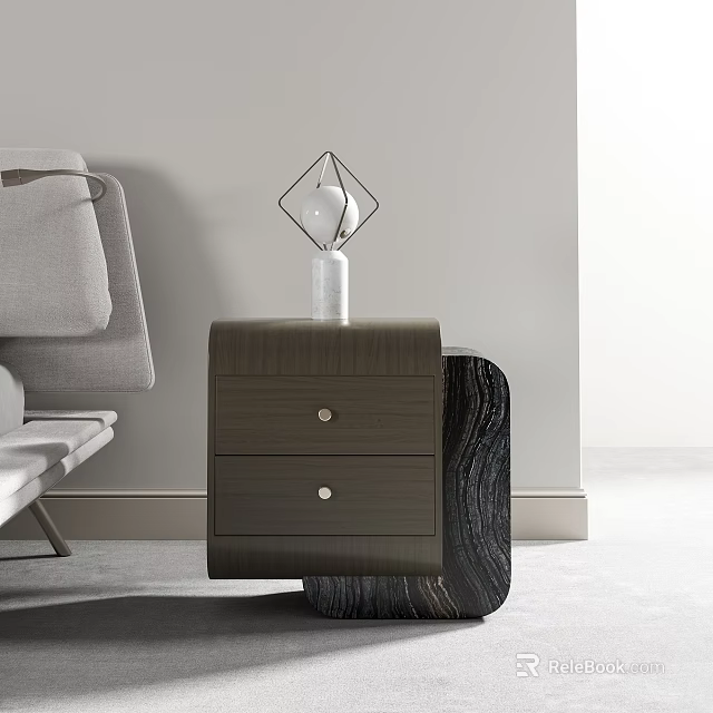 Modern Wooden Nightstand With Two Drawers Geometric Lamp Transparent Decorative Bottle Beside Light Gray Sofa 3d model 