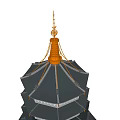 Traditional Multi Tiered Pagoda With Golden Spire Overhanging Eaves And Balconies