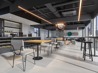 Modern Café Interior With Open Layout Coffee Bar Tables Chairs Lighting And Large Windows 3d model