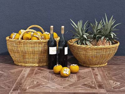 Fresh Oranges And Pineapples In Wicker Baskets On Wooden Table With Wine Bottles Blue Background 3d model