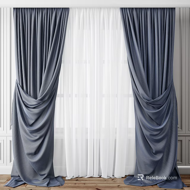 Elegant Gray Curtains With White Sheer Panels For Modern Window Design 3d model 