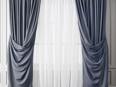 Elegant Gray Curtains With White Sheer Panels For Modern Window Design 3d model