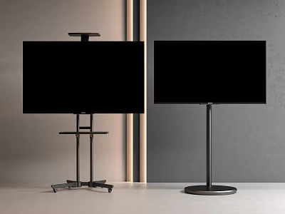 Black Metal TV Floor Stands Featuring Wheeled and Round Bases Against Grey and Light Walls 3d model