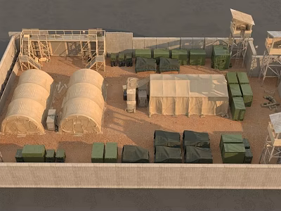 Military Camp Enclosure With Canvas Tents Green Containers And Watchtowers 3d model