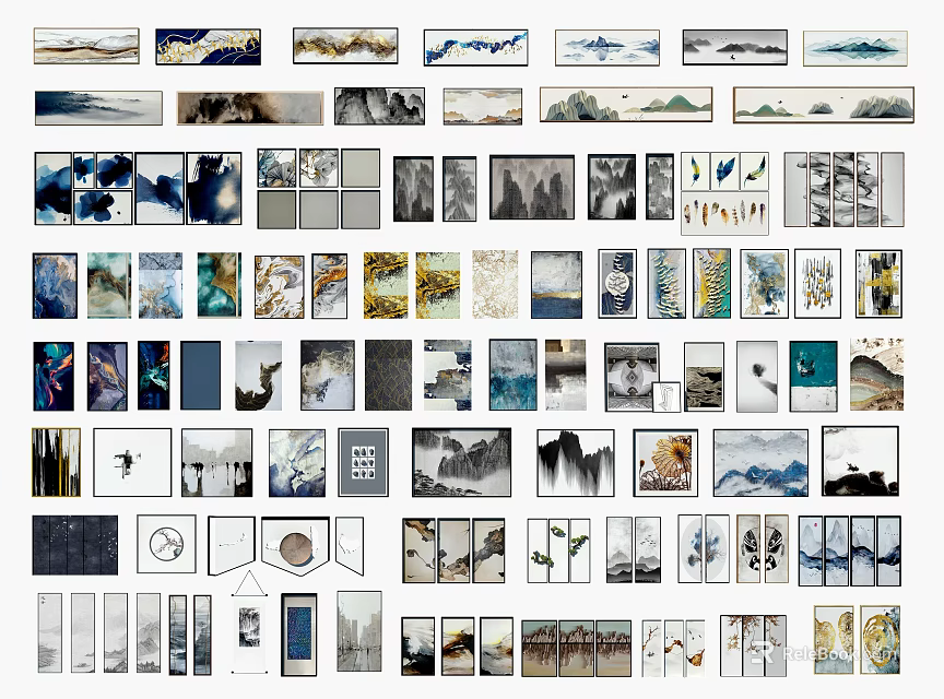 Various Decorative Artworks In Wall Gallery Display With Different Styles And Designs 3d model 