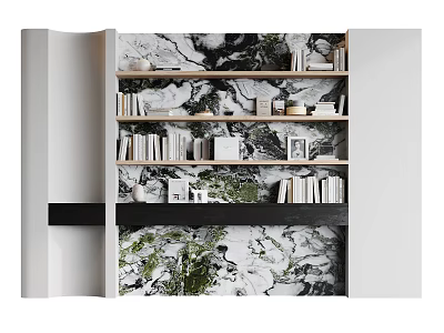 Contemporary Bookcase Design with Marble Pattern Shelves Holding Books Framed Photos and Decorative Objects 3d model