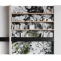Contemporary Bookcase Design with Marble Pattern Shelves Holding Books Framed Photos and Decorative Objects