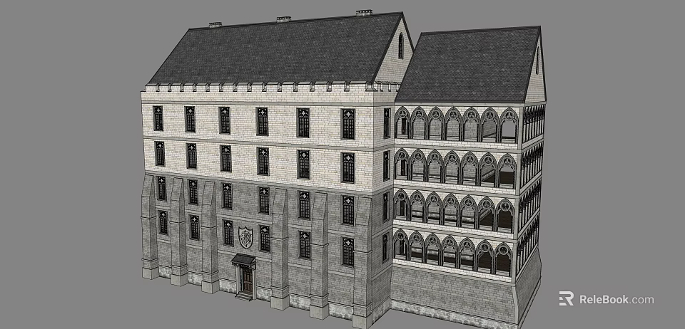 Detached Villa With Gray Brick Exterior Black Sloped Roof And Arched Windows 3d model 