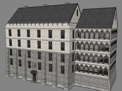 Detached Villa With Gray Brick Exterior Black Sloped Roof And Arched Windows 3d model