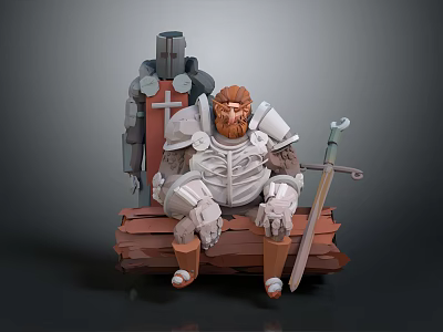 Seated Armored Warrior With Red Brown Beard Standing Cross Knight Near Sword In Gray Background 3d model