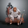 Seated Armored Warrior With Red Brown Beard Standing Cross Knight Near Sword In Gray Background