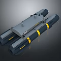 Dual Cylindrical Military Weapon Launcher With Grey Yellow Stripes And Warning Labels