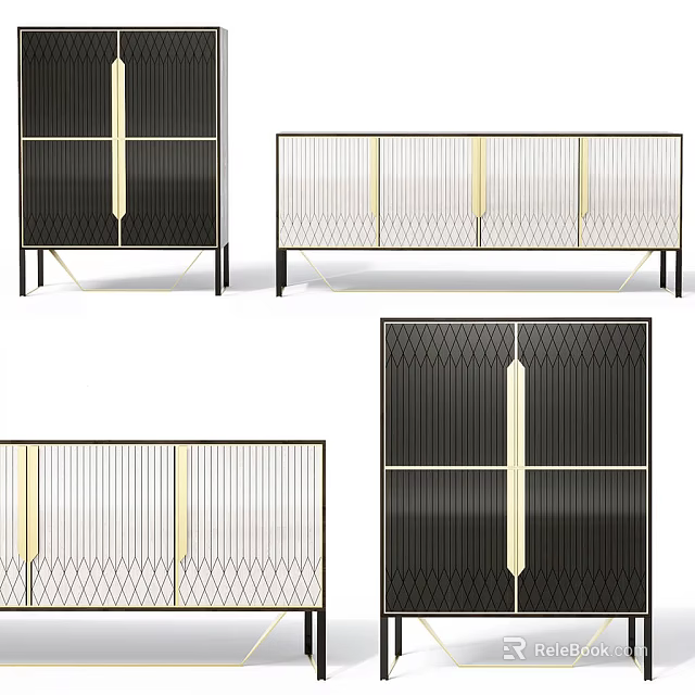 Elegant Modern Console Cabinet and Sideboard with Gold Accents Black White Panel Design 3d model 