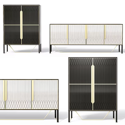 Elegant Modern Console Cabinet and Sideboard with Gold Accents Black White Panel Design 3d model