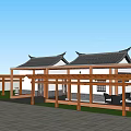 Classic Chinese Style Building With Traditional Roof Wooden Pergola and Stone Pavement