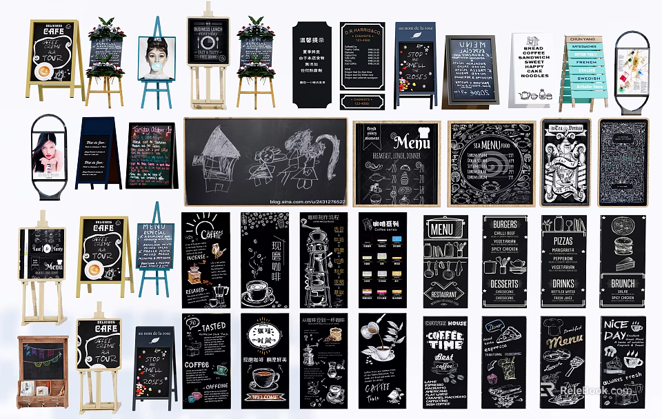 Decorative Chalkboard Signs With Menu Designs Hand drawn Art And Various Stands 3d model 