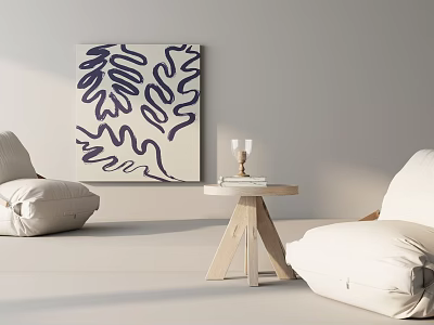 Comfortable Bean Bag Chair In Light Colored Interior With Wall Painting And Small Wooden Table 3d model