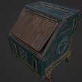 Vintage Teal Storage Box With Brown Wooden Lid Portrait Symbols And Wheels