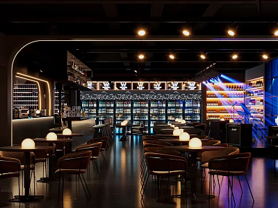 Modern Bar Interior Design With Warm Lighting Cozy Seating And Wine Racks 3d model